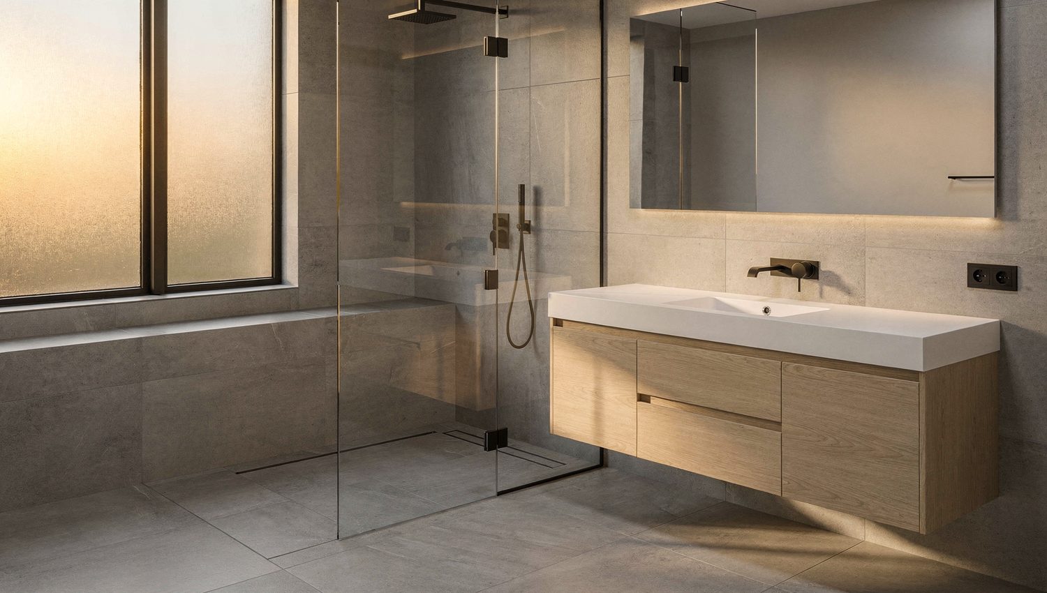 Modernes Badezimmer mit großformatigen Fliesen